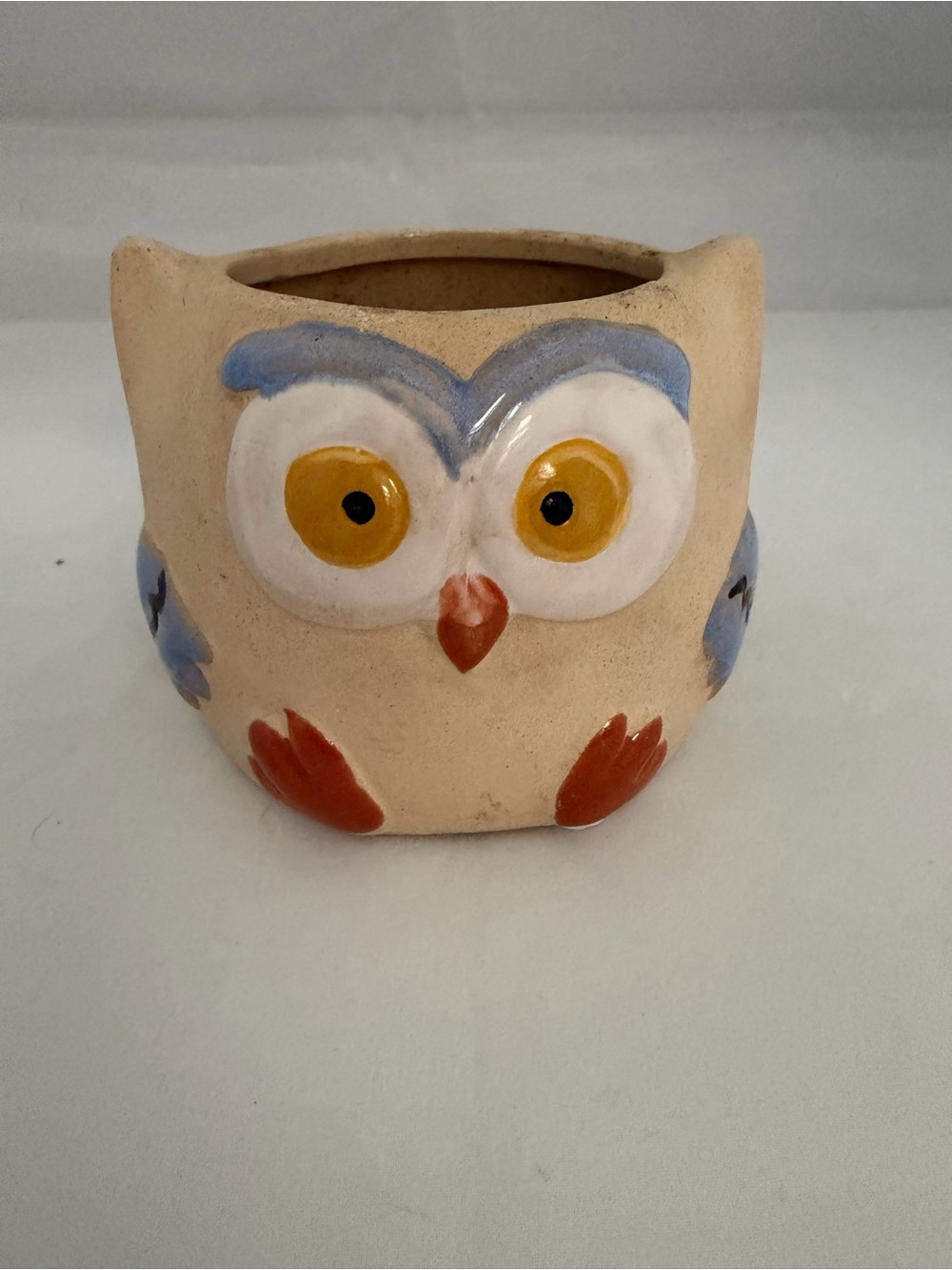 Pottery Owl Planter Pot - Beige with Blue and Orange Accents